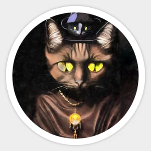 Black cat with amber pendant and mouse on head Sticker